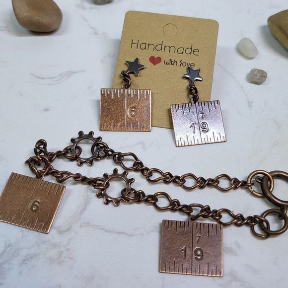 Handmade steampunk ruler earrings bracelet set - Picture 1 of 5